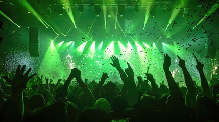 crowded concert hall with scene stage green lights, rock show performance, with people silhouette,...