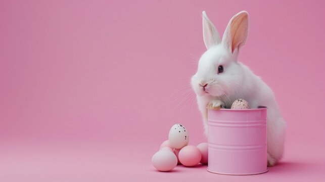 Creative minimal concept. Easter day. Little white baby rabbit bunny sitting in tin pink can with mini easter eggs isolated on pink background. view, mock up, copy space