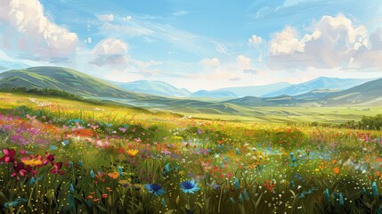 The breathtaking view of a wildflower meadow, with a diverse palette of colors stretching far into the horizon, inviting onlookers to wander and revel in nature's springtime display. - 766031117