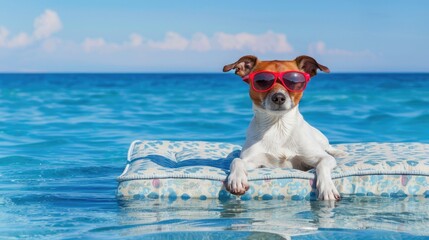dog on a mattress in the ocean water at the beach, enjoying summer vacation holidays, wearing red sunglasses