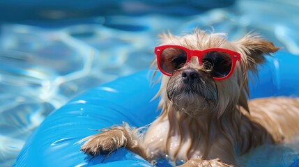 dog on blue air mattress wearing red sunglasses in refreshing water