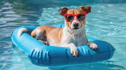 dog on blue air mattress wearing red sunglasses in refreshing water