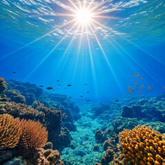 Fototapeta na wymiar Underwater view of a tropical coral reef with fish and sunlight.