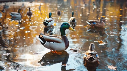 Ducks on the pond in the park. Wild ducks are reflected in the lake. Multi-colored feathers of birds. A pond with ducks and drakes. Duck feed on the surface of the water. Ducks eat food in the water - obrazy, fototapety, plakaty