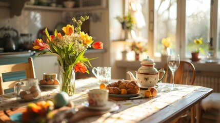 Easter table with spring flowers in a sunny April kitchen - obrazy, fototapety, plakaty