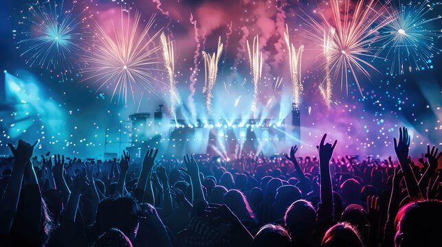 DJ Concert Festival with Special Effects Fireworks over the Silhouette Crowd Backlit