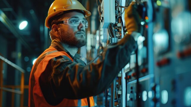 electricity engineer male dangerous working fix service high voltage electrical cabinet. worker repair electric surge problem problem in industry factory.