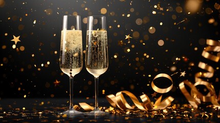 Festive New Year, Anniversary, Birthday background. Two glasses with sparkling wine, confetti stars, golden glossy shiny streamer, party decorations 2 - obrazy, fototapety, plakaty
