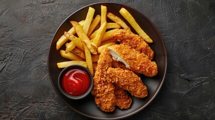 Fried Breaded chicken tender strips with french fries and tomato ketchup on a plate. Dark backgrund. Top view.
