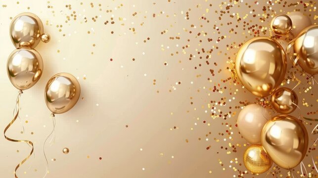 Happy new year 2025 golden balloons with gold confetti, gifts and mirror ball on a beige background. Luxury balloons 2025