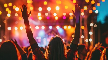 Outdoor concert, happy people with raised up hand enjoying night in the club, night entertainment,...