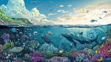 An illustration depicting a healthy, thriving marine ecosystem contrasted against a scene affected by plastic pollution, emphasizing the importance of making conscious choices to protect our oceans. - 766031777