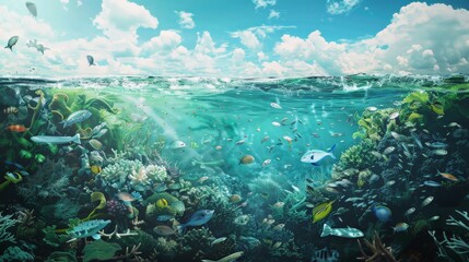An illustration depicting a healthy, thriving marine ecosystem contrasted against a scene affected by plastic pollution, emphasizing the importance of making conscious choices to protect our oceans. - 766031797