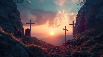 Resurrection Concept - Empty Tomb With Three Crosses in Hill At Sunrise