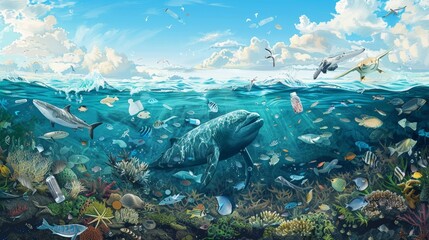 An illustration depicting a healthy, thriving marine ecosystem contrasted against a scene affected by plastic pollution, emphasizing the importance of making conscious choices to protect our oceans. - 766031901