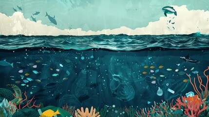 An illustration depicting a healthy, thriving marine ecosystem contrasted against a scene affected by plastic pollution, emphasizing the importance of making conscious choices to protect our oceans. - 766031957