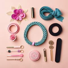 Women's accessories on a pink background. Flat lay, top view.