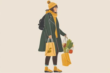 Depicting an individual practicing sustainable shopping habits, carrying reusable shopping bags and selecting bulk items without packaging, emphasizing the shift towards plastic-free choices. - 766032111