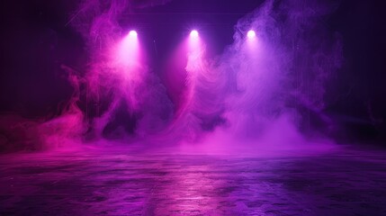 Fototapeta na wymiar The dark stage shows, purple background, an empty dark scene, neon light, spotlights The asphalt floor and studio room with smoke float up the interior texture for display product