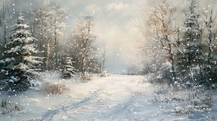Winter landscape with falling snow