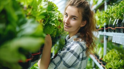 woman in the hydroponic vegetable farm grows wholesale hydroponic vegetables in restaurants and supermarkets, organic vegetables. new generations growing vegetables in hydroponics concept