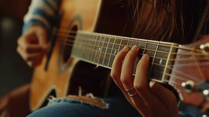 Obraz premium woman's hands playing acoustic guitar, close up