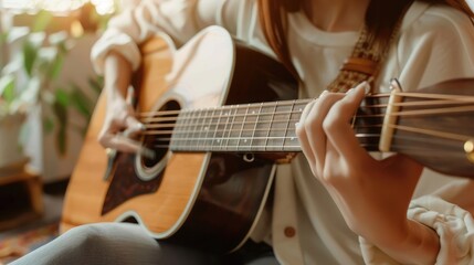 Fototapeta premium woman's hands playing acoustic guitar, close up