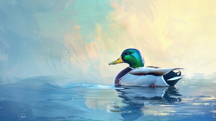 A male mallard blue duck swims peacefully on a tranquil blue wetland, with its vibrant green head standing out in the sunlight
