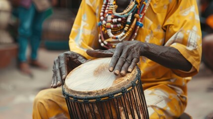 Fototapeta na wymiar A man playing an ethnic percussion musical instrument jembe. Drummer playing african music
