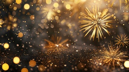 abstract black and gold glitter background with fireworks. christmas eve