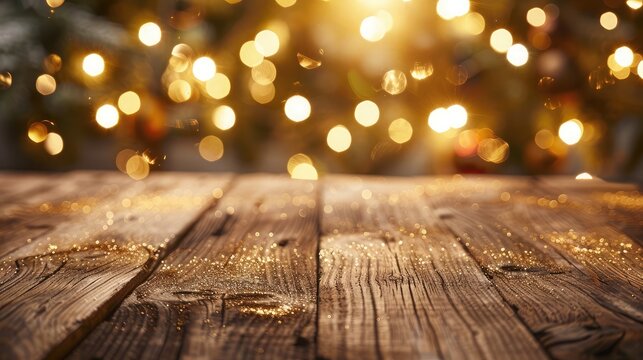 wood board table in front of Christmas warm gold garland lights on wooden rustic background. filtered image. selective focus. glitter overlay