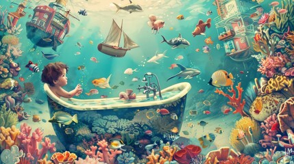 An illustration of a child in a bathtub, surrounded by toy boats and sea creatures, pretending to dive deep into an underwater world, exploring coral reefs and marine life with imaginative glee. - 766032521