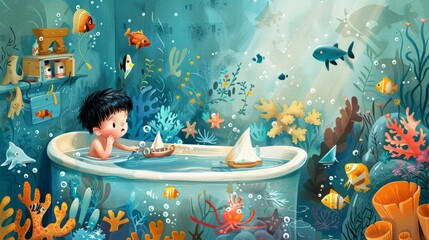 An illustration of a child in a bathtub, surrounded by toy boats and sea creatures, pretending to dive deep into an underwater world, exploring coral reefs and marine life with imaginative glee. - 766032536