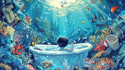 An illustration of a child in a bathtub, surrounded by toy boats and sea creatures, pretending to dive deep into an underwater world, exploring coral reefs and marine life with imaginative glee. - 766032727