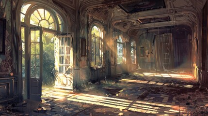 An illustration of an abandoned mansion, with the remnants of grandeur and whispered tales of yesteryear, as sunlight filters through broken windows, casting patterns on the dust-covered floor. - 766032902