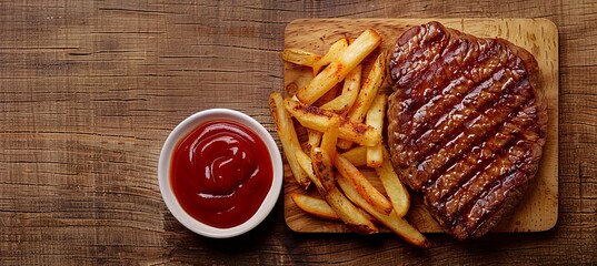 Top view of traditional steak and french fries on wooden table with space for text