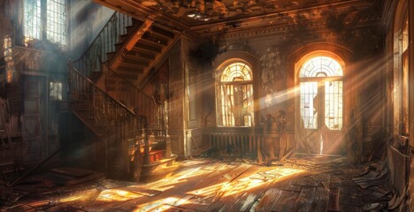 An illustration of an abandoned mansion, with the remnants of grandeur and whispered tales of yesteryear, as sunlight filters through broken windows, casting patterns on the dust-covered floor. - 766032990