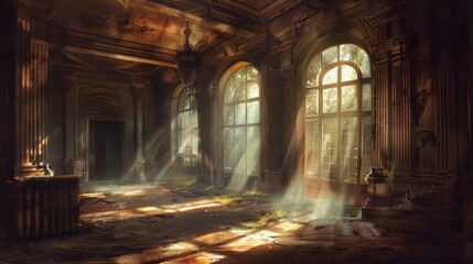 An illustration of an abandoned mansion, with the remnants of grandeur and whispered tales of yesteryear, as sunlight filters through broken windows, casting patterns on the dust-covered floor. - 766033110