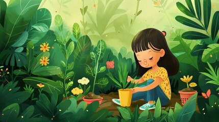 A child in their garden, engaging in eco-friendly activities like planting trees, recycling, and creating habitats for wildlife, embodying the spirit of environmental stewardship. - 766033307