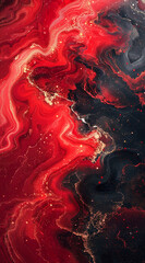 Abstract red liquid marble texture, dark background. AI generative