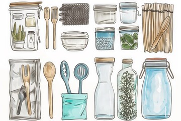 Variety of zero-waste kitchen tools and essentials, such as reusable cloths, bamboo utensils, glass containers, and bulk food storage solutions, arranged in a visually appealing - 766033555
