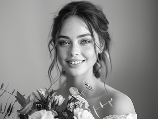 Radiant Bride in High-Key Monochrome, Bridal Caucasian Woman with flowers in Black and White Illustration. Generative AI.