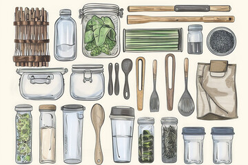 Variety of zero-waste kitchen tools and essentials, such as reusable cloths, bamboo utensils, glass containers, and bulk food storage solutions, arranged in a visually appealing - 766033565