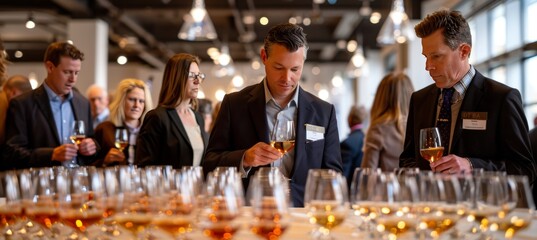Urban whisky tasting event with diverse enthusiasts in trendy loft under industrial lighting