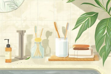 An illustration showcasing eco-friendly bathroom products such as bamboo toothbrushes, solid shampoo bars, and refillable soap dispensers, set against a minimalist, serene bathroom backdrop. - 766033710