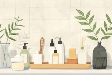 An illustration showcasing eco-friendly bathroom products such as bamboo toothbrushes, solid shampoo bars, and refillable soap dispensers, set against a minimalist, serene bathroom backdrop. - 766033903
