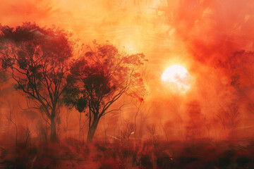 Heat Fire Trees Field Sun Smoke Fog Orange Red Monochrome Intense - obrazy, fototapety, plakaty