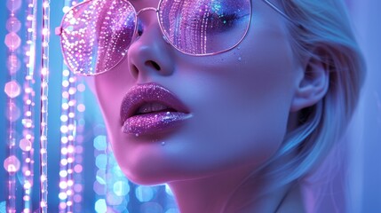 Retro woman in sunglasses on pop art background, 60s 70s disco club culture fashion