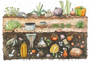 diagram detailing the composting process, from kitchen scraps to compost bin, and finally to nutrient-rich soil, highlighting the benefits of composting for reducing waste and enriching the earth. - 766033972