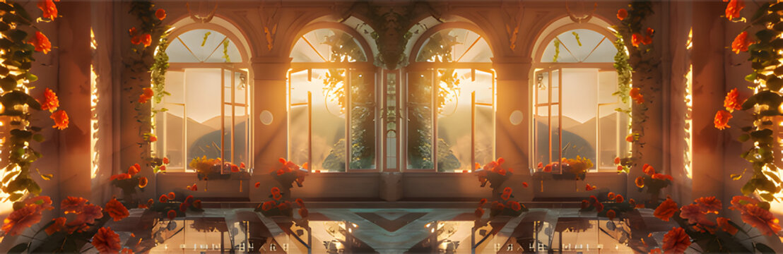 Inside the four arched windows, full of morning sunlight and equipment flowers. Generative AI